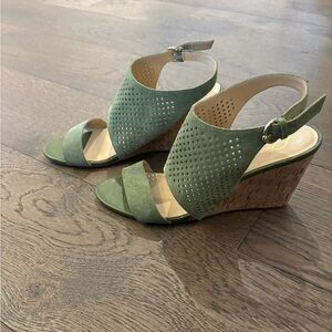 Green suede open toed wedge heels, Women’s size 9